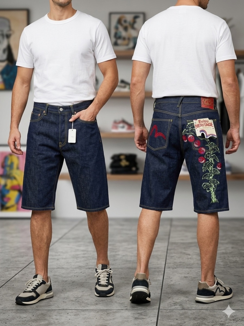 Evisu Heritage Y2K  Blue Denim Shorts With Cherry Graphic Embroidered Size 38